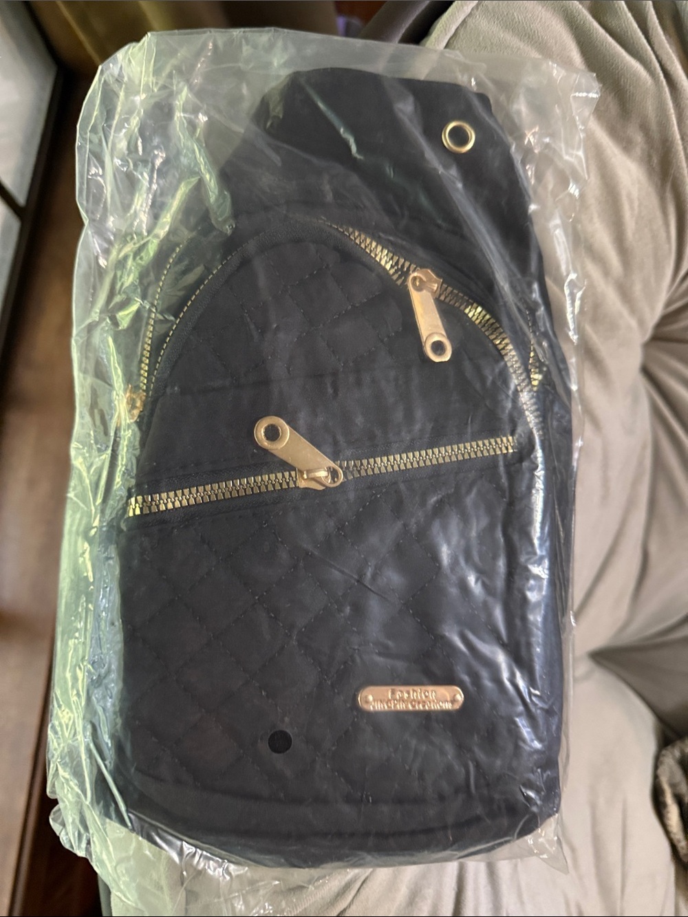 Black Quilted Sling Bag with Gold Hardware - Picture 2 of 3